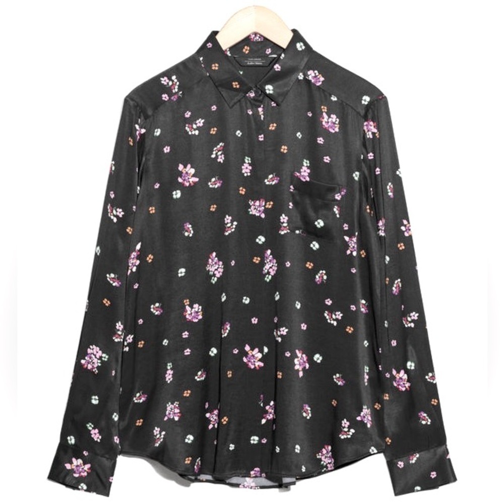 & OTHER STORIES Black Floral Print Satin Button Down Blouse Shirt Women’s Size 4